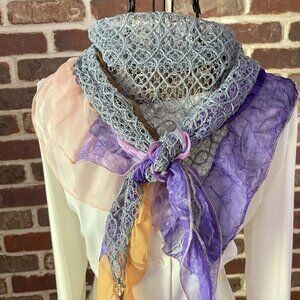 Vintage Victorian Granny Ruffle Scarf. Open Weave Knit Scarf, Triangle Scarf